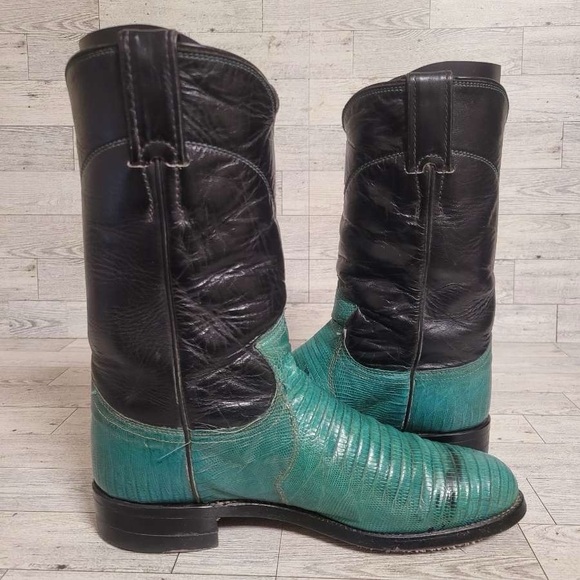 Vintage Justin Western Turquoise Green Lizard Leather Cowboy Boots Women's 6.5 B - Picture 5 of 9